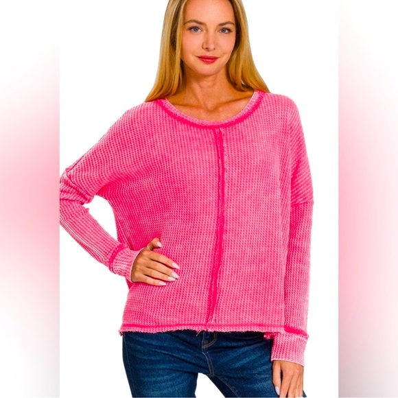 Zenana Oversized Washed Waffle Long Sleeve Top Final - Picture 1 of 13